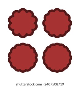 Scallop circle red thick stroke shapes. A group of 4 round symbols with scalloped edges. Isolated on a white background.