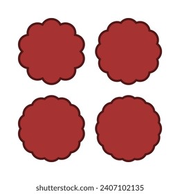 Scallop circle red thin stroke shapes. A group of 4 round symbols with scalloped edges. Isolated on a white background.