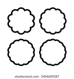 Scallop-Kreis Strich Formen Symbol Set. Eine Gruppe von 4 runden Symbolen mit geschliffenen Außenkanten. Einzeln auf weißem Hintergrund.