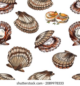 Scallop or clam seamless pattern in hand drawn sketch style, vector illustration on white background. Delicious seafood background for cafe or restaurant menu design.