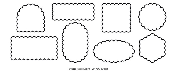 Rahmen für Kantenrand der Jakobsmuschel Rechteck, Quadrat, Kreis, Oval, Bogen, Sechseck Formen. Vektorillustration isoliert auf weißem Hintergrund.