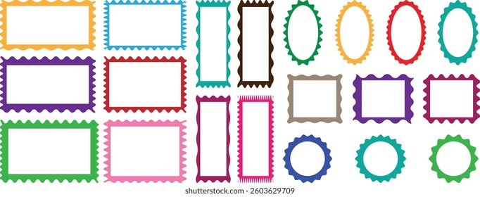 Scallop edge border frame set. Collection of Scallop frames with colorful set. Rectangle, square, circle, oval, arch, hexagon shapes. edge lace borders, frill ribbons with fabric ornament pattern. 