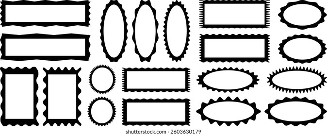 Scallop edge border frame set. Collection of Scallop frames with black set. Rectangle, square, circle, oval, arch, hexagon shapes. edge lace borders, frill ribbons with fabric ornament pattern. 