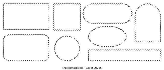 Scallop edge border and frame. Square circle and rectangle shape. Vector lace frill. Simple cute label. Outline decorative collection.