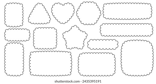 Scallop edge border and frame. Square circle and rectangle shape. Vector lace frill. Simple cute label. Outline decorative collection.