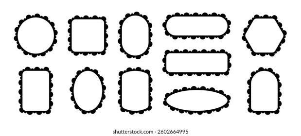 Scallop edge frame. Lace borders with pattern. Collection of black illustration templates for design.