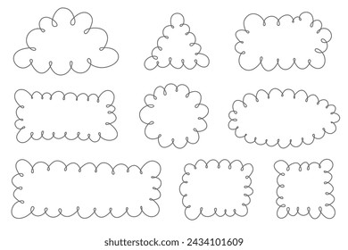 Scallop edge frames. Outline geometric shapes with lace border. Cute hand drawn doodle boxes with frill. Vector decorative tags set.