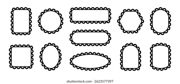 Quadros da borda da vieira. Bordas quadradas, retangulares e redondas de renda. Conjunto de elementos em branco vetoriais pretos isolados no fundo branco.