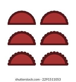 Scallop edge half-circle red shapes. A group of 6 semicircle symbols with scalloped outside edges. Isolated on a white background.