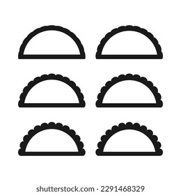Scallop edge half-circle stroke shapes. A group of 6 semicircle symbols with scalloped outside edges. Isolated on a white background.