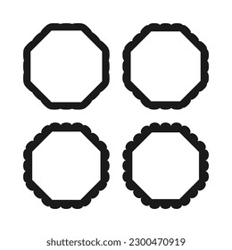 Scallop edge hollow octagon stroke shapes. A group of 4 octagons with scalloped outside edges. Isolated on a white background.