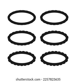 Scallop edge hollow oval stroke shapes. A group of 6 ovals with scalloped outside edges. Isolated on a white background.