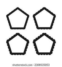 Scallop edge hollow pentagon stroke shapes. A group of 4 pentagons with scalloped outside edges. Isolated on a white background.