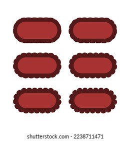 Rectáreas rojas redondeadas huecas de borde de vieira. Un grupo de 6 símbolos rectangulares con esquinas redondeadas y bordes exteriores de vieira. Aislado sobre un fondo blanco.