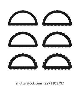 Scallop edge hollow semicircle stroke shapes. A group of 6 half-circle symbols with scalloped outside edges. Isolated on a white background.