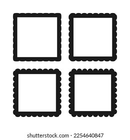 Scallop edge hollow square stroke shapes. A group of 4 squared symbols with scalloped outside edges. Isolated on a white background.