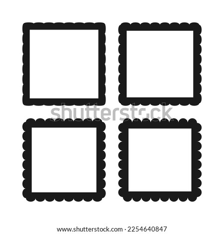 Scallop edge hollow square stroke shapes. A group of 4 squared symbols with scalloped outside edges. Isolated on a white background.