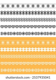 Scallop edge lace borders and dividers for frames or frill ribbons, vector fabric ornament. Scallop pattern laces and vintage floral border silhouettes for ornate lacework or trim decoration