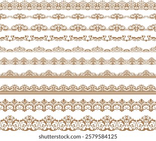 Scallop edge lace borders and dividers for frames or frill ribbons, vector ornament. Scallop pattern laces and vintage floral border silhouette for ornate lacework. Decorative seamless ornament border