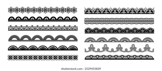 Scallop edge lace borders set. Black seamless patterns with dividers for frames or frill ribbons. Ornate lacework or trim decoration. Flat vector illustration collection isolated on white background