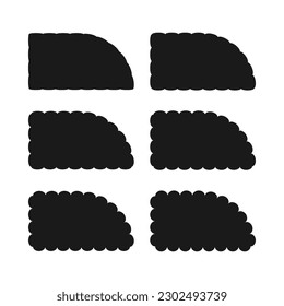 Scallop edge one rounded corner rectangles. A group of 6 rectangular symbols with scalloped edges. Isolated on a white background.