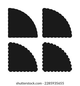 Scallop edge quarter circle icon set. A group of 4 quadrant shapes with scalloped edges. Isolated on a white background.