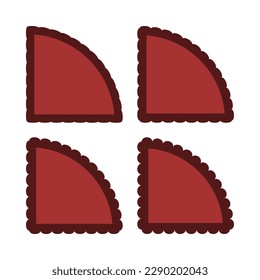 Scallop edge quarter circle red shapes. A group of 4 quadrant shapes with scalloped outside edges. Isolated on a white background.