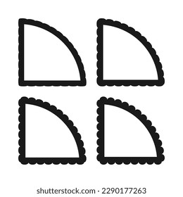 Scallop edge quarter circle stroke shapes. A group of 4 quadrant shapes with scalloped outside edges. Isolated on a white background.