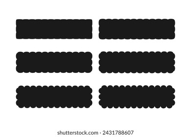 Scallop edge rectangular banner icon set. A group of six rectangle symbols with scalloped edges. Isolated on a white background.