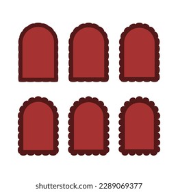 Scallop edge red arch stroke shapes. A group of 6 archway symbols with scalloped outside edges. Isolated on a white background.