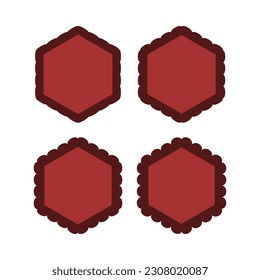 Scallop edge red hexagon stroke shapes. A group of 4 hexagons with scalloped outside edges. Isolated on a white background.