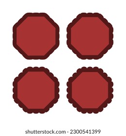 Scallop edge red octagon stroke shapes. A group of 4 octagons with scalloped outside edges. Isolated on a white background.