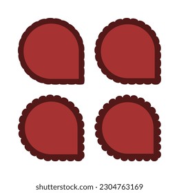 Scallop edge, red one-corner circles. A group of 4 circular shapes with a single squared corner and scalloped outside edges. Isolated on a white background.