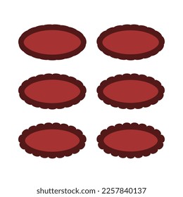 Scallop edge red oval stroke shapes. A group of 6 ovals with scalloped outside edges. Isolated on a white background.