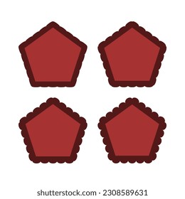 Scallop edge red pentagon stroke shapes. A group of 4 pentagons with scalloped outside edges. Isolated on a white background.
