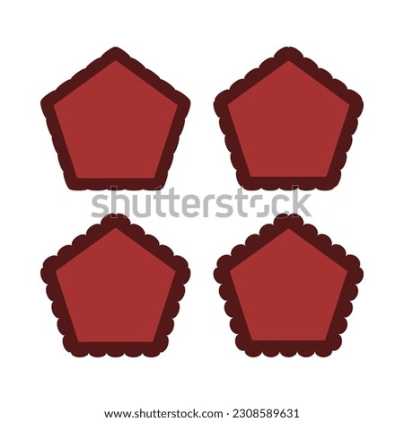 Scallop edge red pentagon stroke shapes. A group of 4 pentagons with scalloped outside edges. Isolated on a white background.