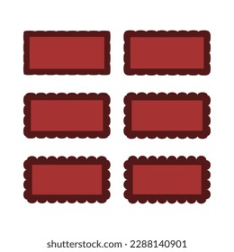 Scallop edge red rectangle stroke shapes. A group of 6 rectangular symbols with scalloped outside edges. Isolated on a white background.