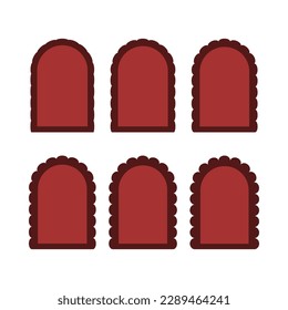 Scallop edge round arch red shapes. A group of 6 archway symbols with scalloped outside edges. Isolated on a white background.