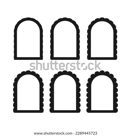Scallop edge round arch stroke shapes. A group of 6 archway symbols with scalloped outside edges. Isolated on a white background.