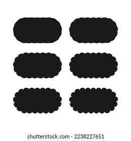 Scallop edge rounded rectangle icon set. A group of 6 rectangular shapes with round corners and scalloped edges. Isolated on a white background.