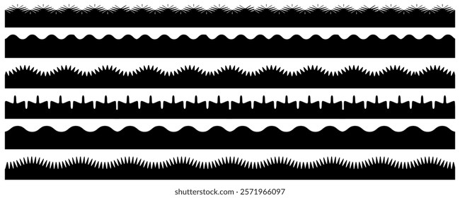 Scallop edge seamless brush strokes black set. Hand drawn scalloped border. Fabric laces silhouette. Simple scalloped border.  