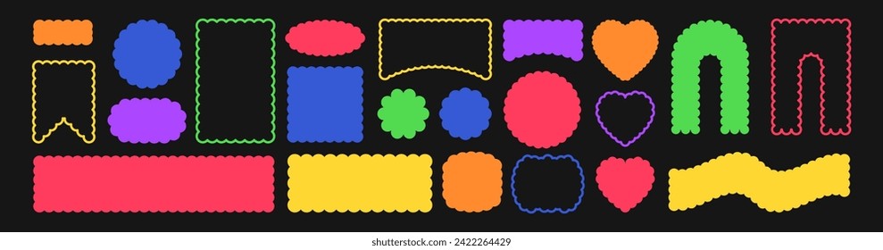 Scallop edge shapes - circle, square, arch, oval, modern brutalism forms. Retro vawe swiss design elements with frill border. Vector illustration of aesthetic futuristic memphis figures.