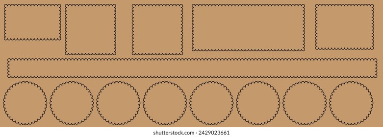 Scallop edge shapes - circle, square, oval, modern brutalism forms. Retro vawe swiss design elements with frill border. Vector illustration of aesthetic futuristic figures