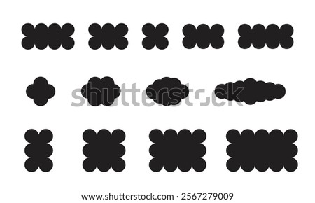 Scallop edge shapes - circle, square, oval, modern brutalism forms. Retro vawe swiss design elements with frill border. Vector illustration of aesthetic futuristic figures.	