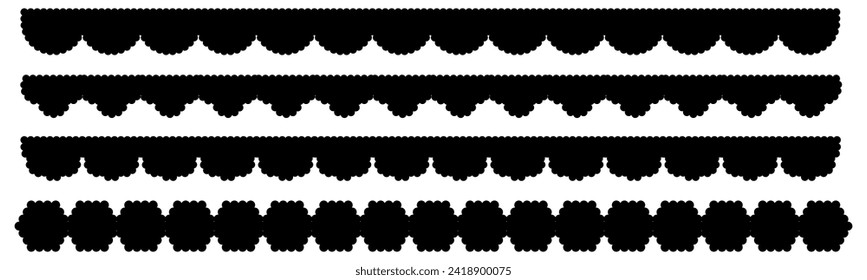 Scallop edge shapes, modern brutalism forms. Retro wave swiss design elements with frill border isolated elements. Vector illustration.