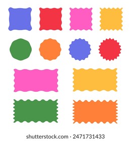 Scallop edge shapes multicolored - circle, square, modern brutalism forms. Retro vawe swiss design elements with frill border. Vector illustration