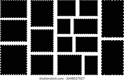 Formas de borde festoneado colección de Vector, rectángulo de borde festoneado y Formas elipse. forma de pegatina. Conjunto de elementos de borde redondeado de vieira dentada. Vector vintage. conjunto negro. Vector. conjunto. Pegatinas de silueta cir