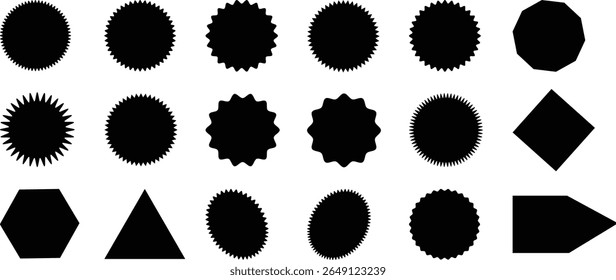 Scallop edge shapes vector collection, Scalloped edge rectangle and ellipse shapes.sticker form. Jagged scallop rounded border element set.Vector vintage. black set.Vector.set. Silhouette stickers cir