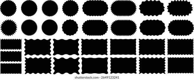 Scallop edge shapes vector collection, Scalloped edge rectangle and ellipse shapes.sticker form. Jagged scallop rounded border element set.Vector vintage. black set.Vector.set. Silhouette stickers cir