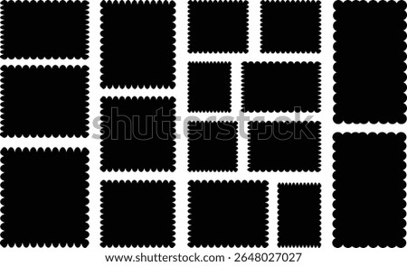 Scallop edge shapes vector collection, Scalloped edge rectangle and ellipse shapes.sticker form. Jagged scallop rounded border element set.Vector vintage. black set.Vector.set. Silhouette stickers cir